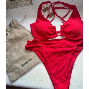 Berlook Red Ribbed Bikini Set High Waisted Plunge Top XL NWT With Bag